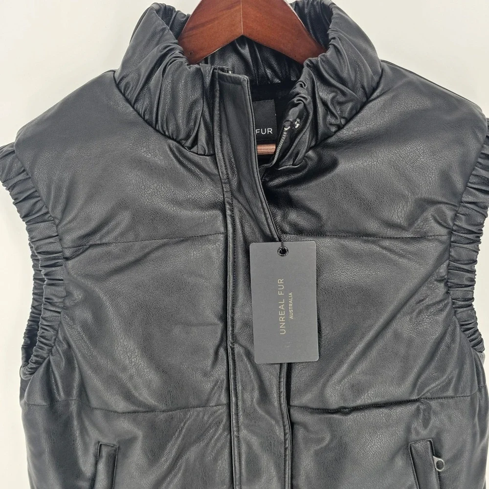 UNREAL FUR Cruising Puffer Vest Womens Small Black Faux Leather‎ Minimalist NEW